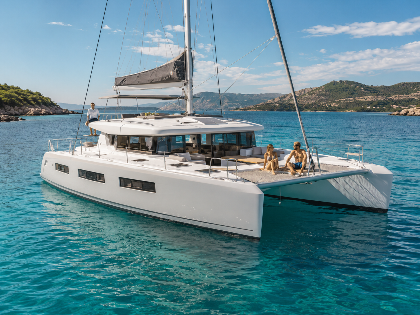 Catamaran sailing between Mediterranean islands