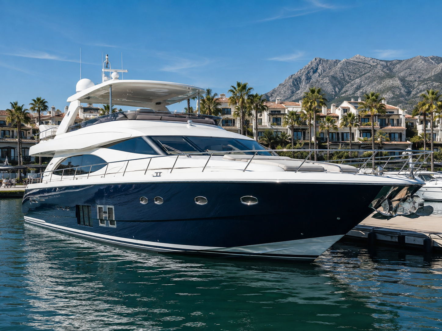 Motor yachts presented for sale in a modern marina